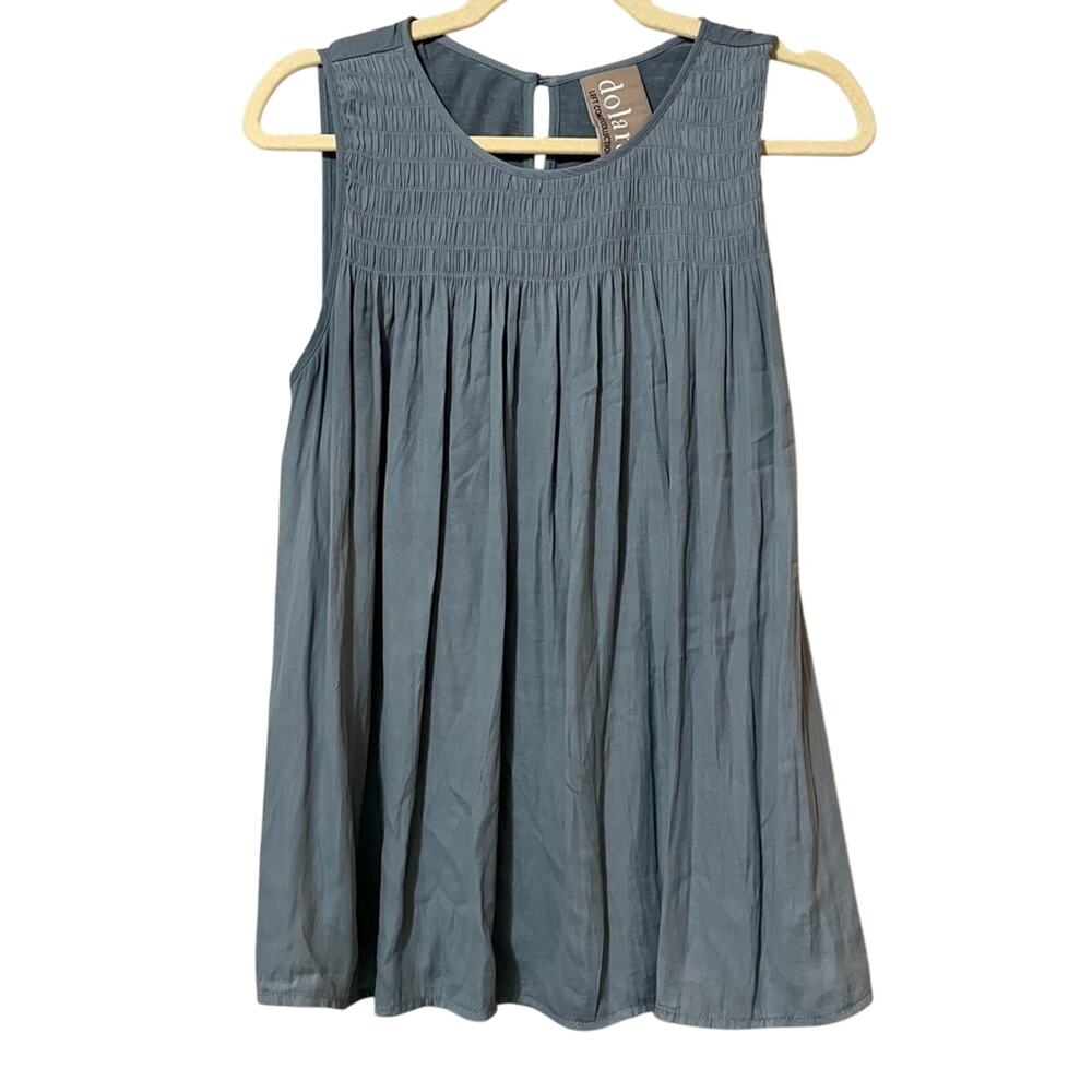 Dolan Anthropologie Blue Smocked Sleeveless Blouse Womens S Pleated Career Style